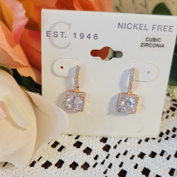 Cato Jewelry - Cubic Zirconia Rose Gold Square Round Cut Pave Dangle Earrings